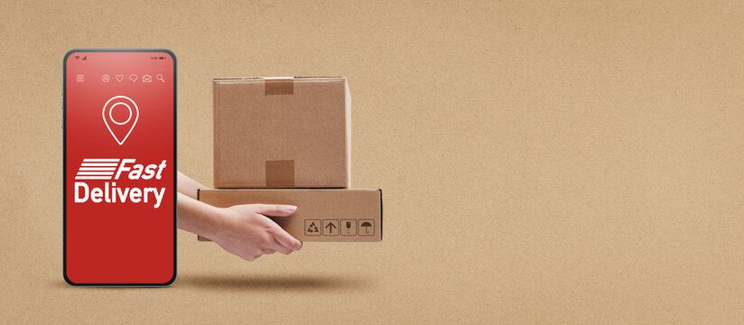 Fast delivery app on smartphone and courier