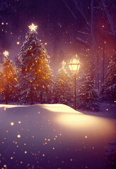 Obraz premium Beautiful Christmas gift box in a snowy festive winter forest, copy space, gold and glitter, gold ribbons and bows, magic bokeh lights, dreamy, magic atmosphere, New Year and Christmas concept