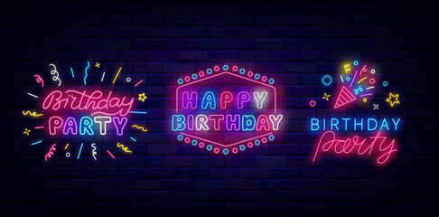 Happy Birthday party neon signs collection. Happy B-Day celebration. Confetti and frame. Vector illustration © Anastasia Gapeeva