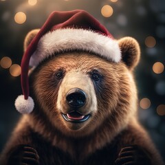 smiling brown bear in winter with santa hat