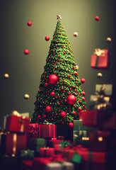 Beautiful green Christmas tree with red ornaments and presents on a green background, AI generated image