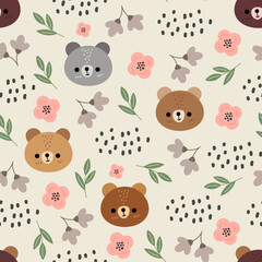 cute beige neutral forest brown and grey teddy bears seamless pattern for kids textile and fabric, home decor elements. Woodland wrapping paper vector print for baby boy and girl