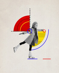 Contemporary art collage. Creative design. Little beautiful girl, child in stylish coat skating....