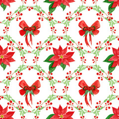 Watercolor seamless Christmas pattern with mistletoe, poinsettia and bow on white background. For festive products.