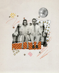 Contemporary art collage. Creative design in retro style. Beautiful young couple, man and woman...