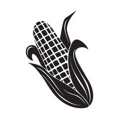 Whole corn vegetable icon silhouette isolated on plain white background. Yummy yellow vegetable with green leaves with monochrome flat art style drawing. Main cooking ingredients for popcorn.