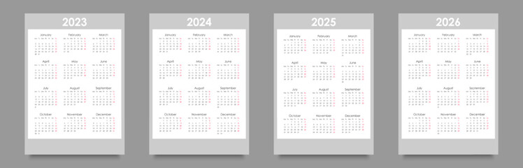 Calendar set for 2023, 2024, 2025, 2026. Week starts on Monday, portrait orientation, black and white, English
