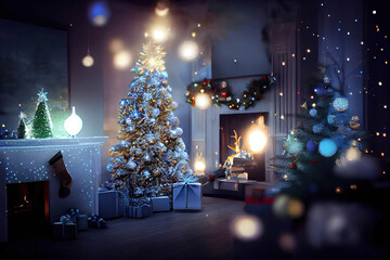 Wonderful magical white and blue Christmas interior with a white decorated Christmas tree with presents, a fireplace and Christmas lights, AI generated image
