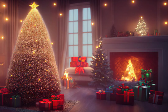 Beautiful Christmas interior with a Christmas tree, presents, fireplace and Christmas lights, warm light, cozy atmosphere, AI generated image