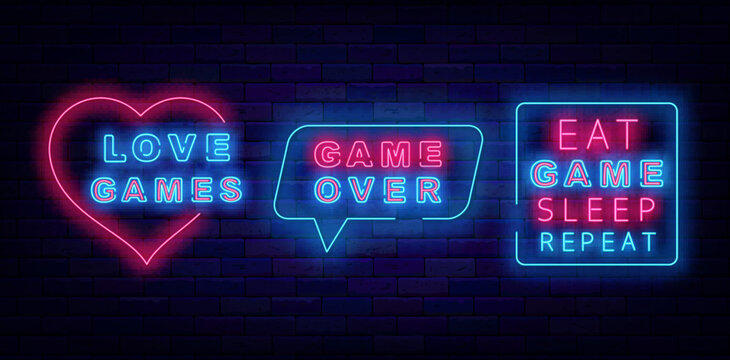 Game design neon labels collection. Love game sign. Eat, sleep, repeat emblem. Vector stock illustration