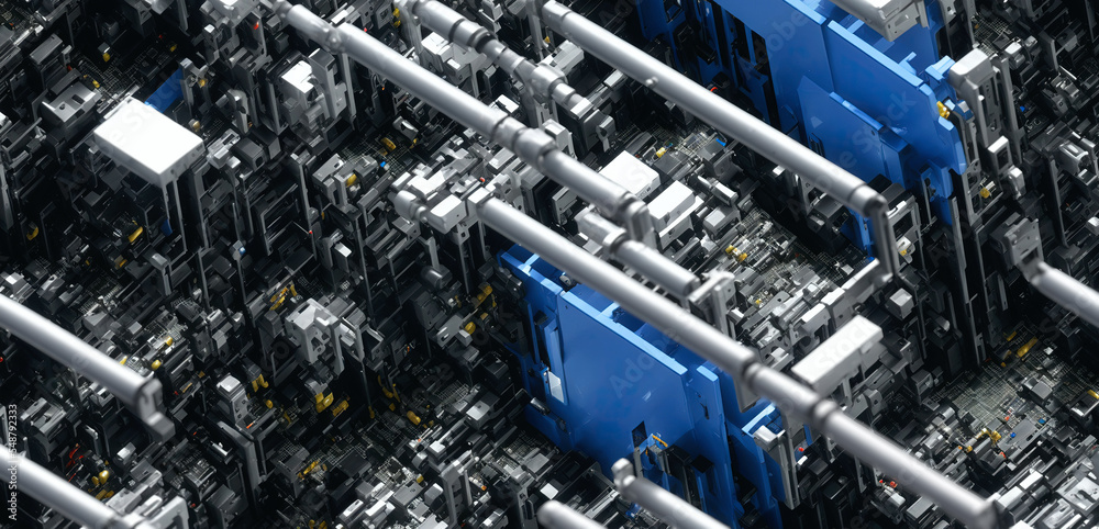 Poster abstract mechanical hardware, machine parts from a complex engineering project. electrical and circu