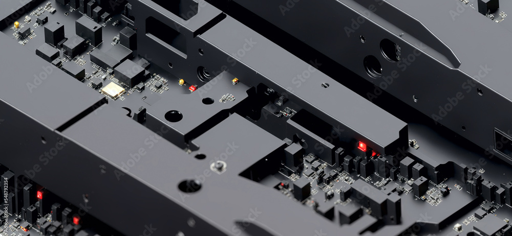 Poster close up of a computer motherboard components, technology and innovation abstract background of elec