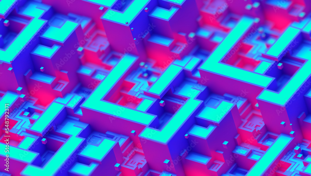 Poster 3d digital technology concept. isometric cubes and rectangles with data block in motion. cloud techn