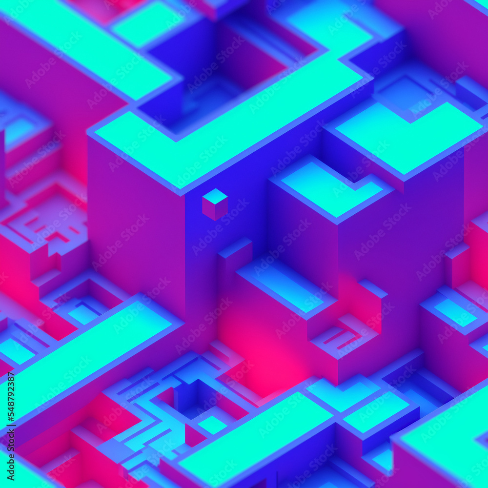 Poster 3d digital technology concept. isometric cubes and rectangles with data block in motion. cloud techn