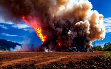 Massive fire and black smoke from conflict zone. Destruction caused by either a massive fire explosion or strike.