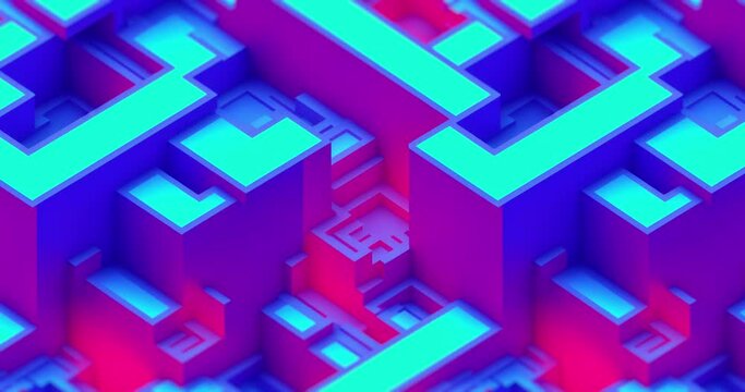 3D Digital Technology Concept. Isometric cubes and rectangles with data block in motion. Cloud technology, digital data synchronization, storage, internet. Abstract Computer, IoT, Datacenter.