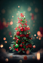 Fototapeta na wymiar Beautiful green Christmas tree with red ornaments on a green bokeh background, AI generated image