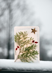 Handmade Christmas lantern made of ice, red rose hips berries, thuja twigs and a candle behind in snowy evening garden. Easy craft ideas for kids concept.