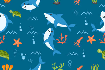 Obraz na płótnie Canvas sharks pattern. cartoon shark, seaweed print. Sea wildlife, underwater world vector seamless texture 