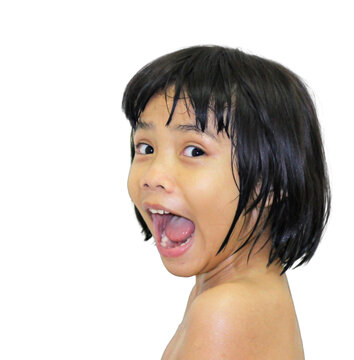 Asian girl making fun faces isolated on white background