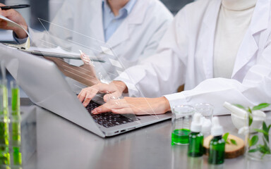 Concept of biology, eco or natural cosmetic laboratory with icon, vector, sign or symbol and...