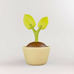 3D render young plant with soil in pot icon minimal style. Environment concept.