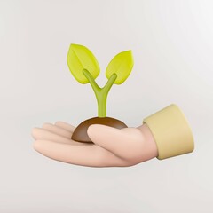 3D render of hand holding young plant. Environment concept.