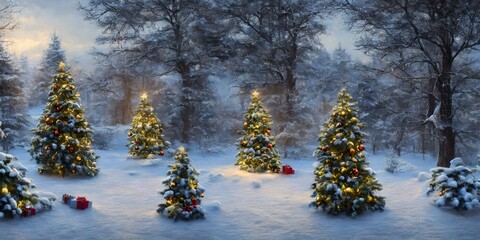 Christmas Trees In The Snow, Fantastic Concept Concept Background. Computer Graphics Illustration.