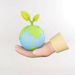 3D hand holding the planet earth icon. Safe the earth, safe energy and ecological concept. safe the word symbol 3d render illustrator.