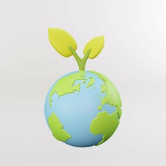 3D render of the earth with growing plant. Word environment concept.