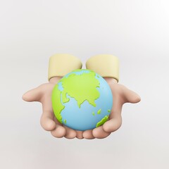 3D hand holding the planet earth icon. Safe the earth, safe energy and ecological concept. safe the word symbol 3d render illustrator.
