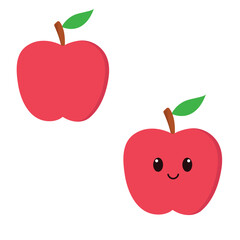 Cute red apple set with and without kawaii eyes. Flat design vector illustration of red apple on white background.