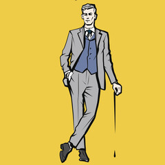 Young man. Fashion male model in suit. Ink pen drawing