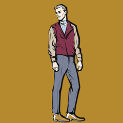 Young man. Fashion male model in suit. Ink pen drawing