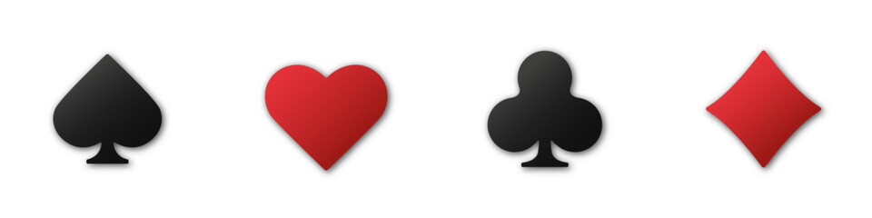 Set collection gambling sign symbol of playing card suits and chips for poker and casino. Hearts, clubs, diamonds and spades on an isolated white background.