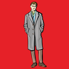 Young man. Fashion male model in suit. Ink pen drawing