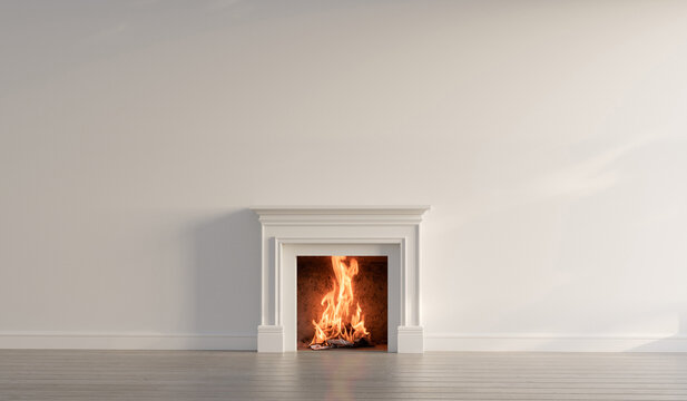 Large traditional fireplace with roaring fire. Empty mantle piece mockup shelf. 3D Rendering