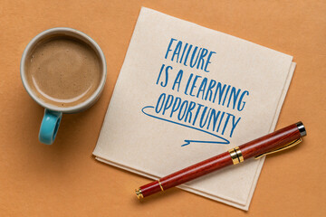 failure is a learning opportunity - inspirational writing on a napkin with coffee, success and personal development concept - obrazy, fototapety, plakaty