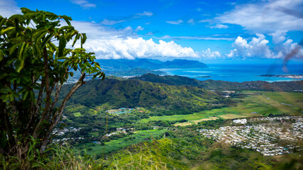 panorama of oahu and the hawaiian mountains as seen from the top of the olomana ridge trail; the...