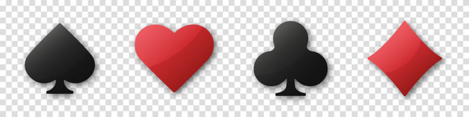 Set collection gambling sign symbol of playing card suits and chips for poker and casino. Hearts, clubs, diamonds and spades on an isolated transparent background.