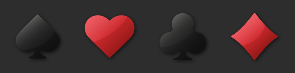 Set collection gambling sign symbol of playing card suits and chips for poker and casino. Hearts, clubs, diamonds and spades on an isolated background.