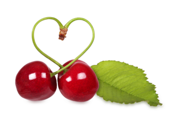 Heart cherries with leaf, heart shape, transparent background