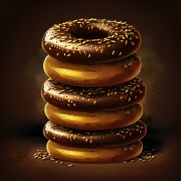 Stack of delicious chocolate donuts with golden light, 3d render style