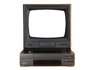 Old black vintage TV with white screen and VCR from 1980s, 1990s, 2000s isolated on white background.