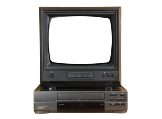 Old black vintage TV with white screen and VCR from 1980s, 1990s, 2000s isolated on white background.