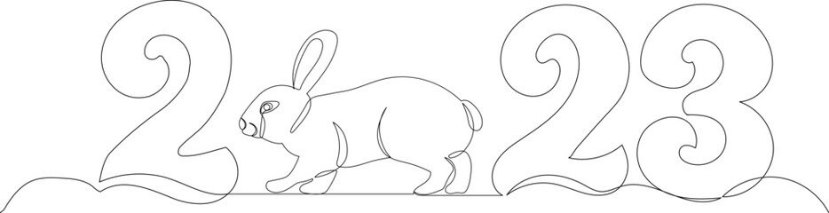 2023 and rabbit sketch, continuous line drawing, vector