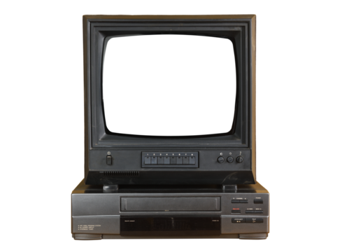 Old black vintage TV with white screen and VCR from 1980s, 1990s, 2000s isolated on white background.