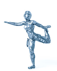 astronaut girl on sci-fi suit is doing stretching
