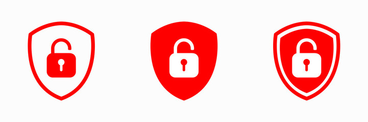 Icon or symbol set of a shield with a opened padlock. Sign unlock collection on a white background. Vector illustration.