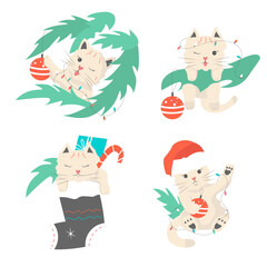 Vector colourful set of christmas  funny cats with gifts and lights isolated on white background. Can be used as stickers or greeting cards.